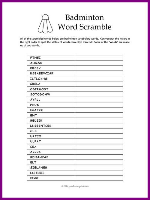 Badminton Vocabulary Word Scramble Puzzle