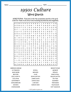 Free printable 1950s Culture Word Search puzzle worksheet