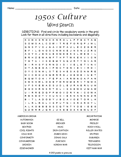 1950s Culture Word Search