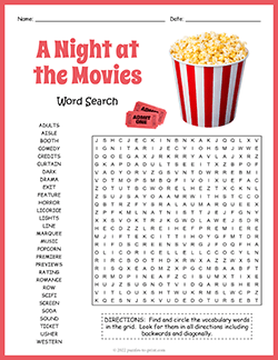 Free printable A Night at the Movies Word Search puzzle worksheet