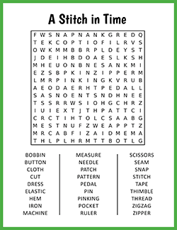 Free printable A Stitch in Time Word Search puzzle worksheet