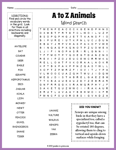A to Z Animals Word Search