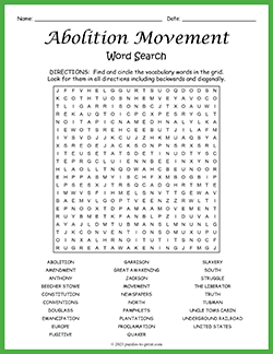 Free printable Abolition Movement Word Search puzzle worksheet