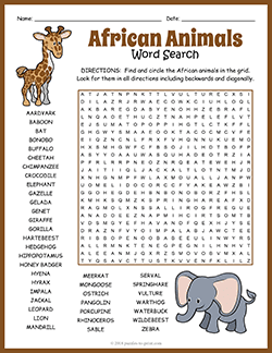 Free printable African Animals Word Search puzzle worksheet