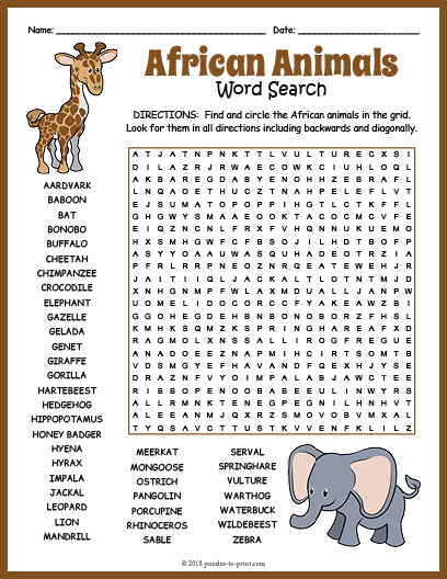 African Animals Word Search