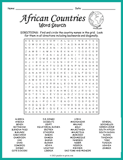 Free printable African Countries Word Search puzzle worksheet