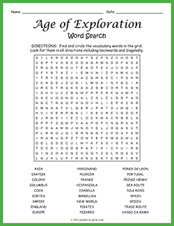 Free printable Age of Exploration Word Search puzzle worksheet