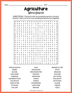 Free printable Agriculture Word Search puzzle worksheet