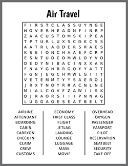 Free printable Air Travel Word Search puzzle worksheet