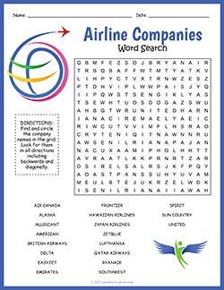 Free printable Airline Companies Word Search puzzle worksheet