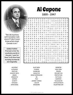 Free printable Al Capone Word Search puzzle worksheet