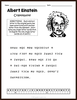 Free printable Albert Einstein Cryptoquote puzzle worksheet