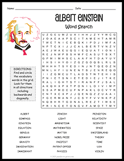 Free printable Albert Einstein Word Search puzzle worksheet