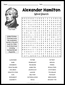 Free printable Alexander Hamilton Word Search puzzle worksheet