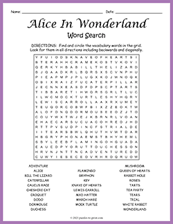 Free printable Alice In Wonderland Word Search puzzle worksheet