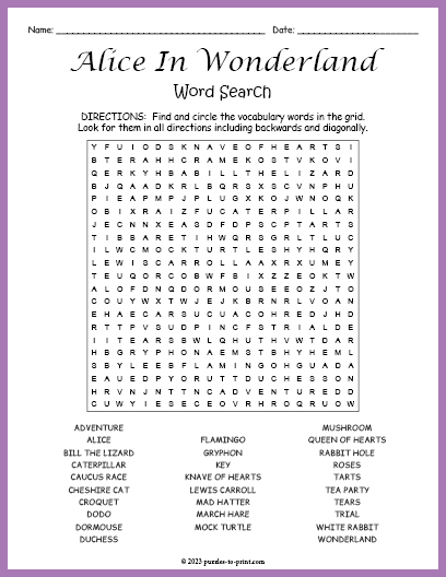 Alice In Wonderland Word Search