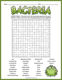 Free printable All About Bacteria Word Search puzzle worksheet