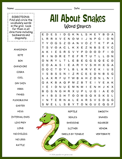 Free Printable All About Snakes Word Search Puzzle Worksheet