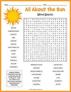 Free printable All About the Sun Word Search puzzle worksheet