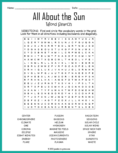 All About the Sun Word Search