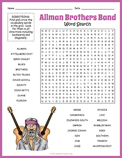 Free printable Allman Brothers Band Word Search puzzle worksheet
