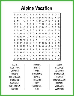 Free printable Alpine Vacation Word Search puzzle worksheet