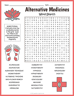 Free printable Alternative Medicines Word Search puzzle worksheet