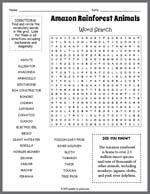 Amazon Rainforest Animals Word Search Thumbnail