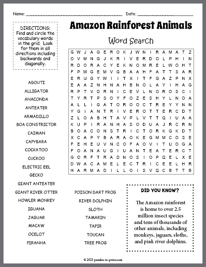 Amazon Rainforest Animals Word Search