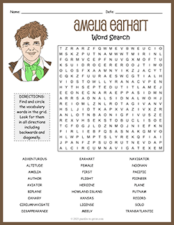 Free printable Amelia Earhart Word Search puzzle worksheet