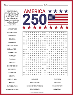 Free Printable America 250 Word Search Puzzle Worksheet
