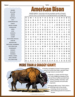 Free Printable American Bison Word Search Puzzle Worksheet