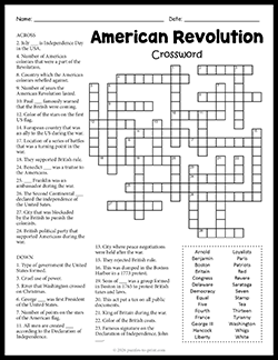 Free Printable American Revolution Crossword Puzzle Worksheet