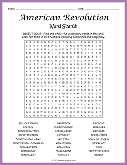 Free printable American Revolution Word Search puzzle worksheet