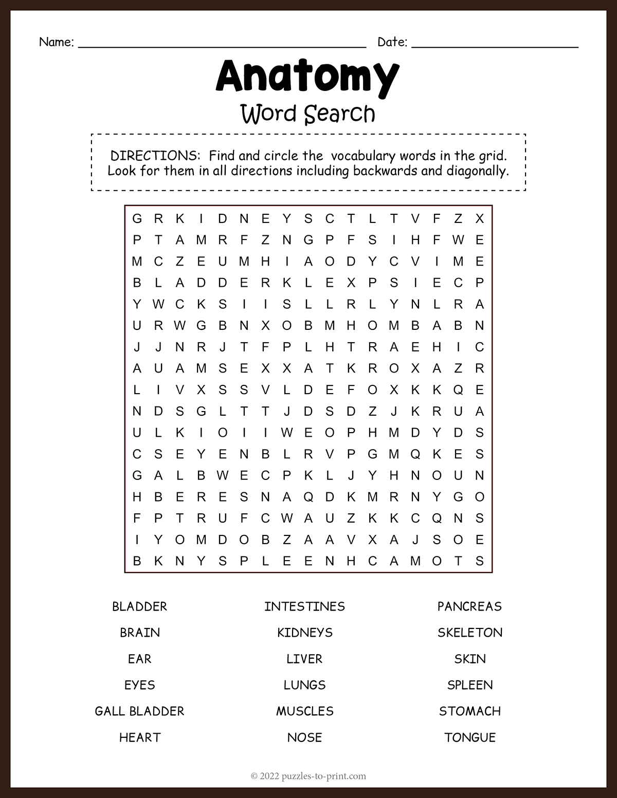 Free printable anatomy word search