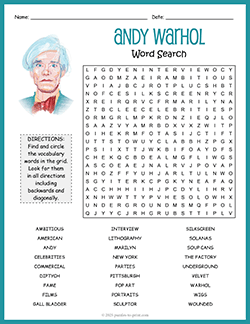 Free printable Andy Warhol Word Search puzzle worksheet