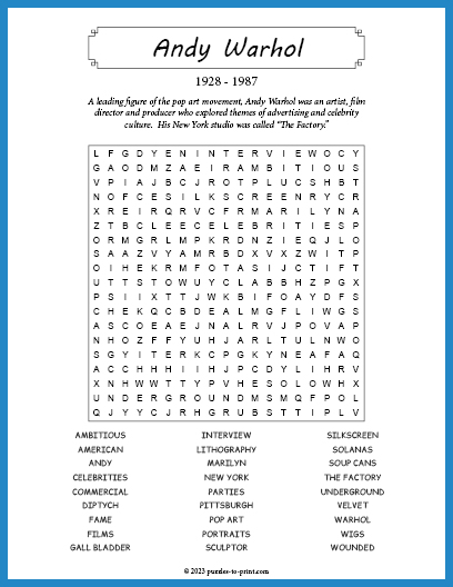 Andy Warhol Word Search