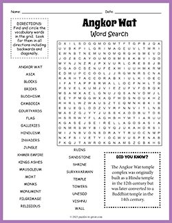 Free printable Angkor Wat Word Search puzzle worksheet