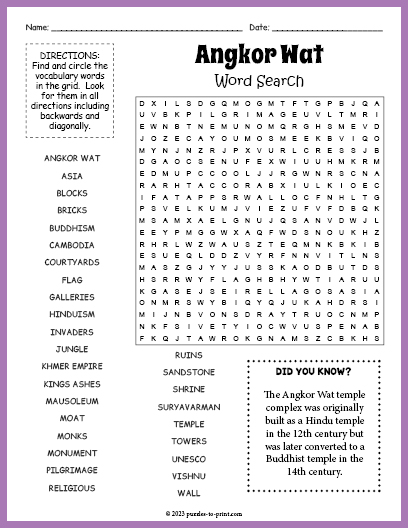 Angkor Wat Word Search