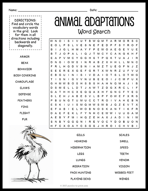 Animal Adaptations Word Search