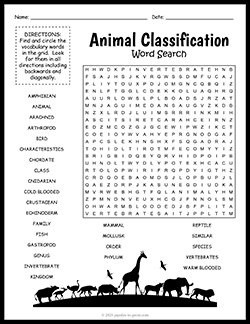 Free printable Animal Classification Word Search puzzle worksheet