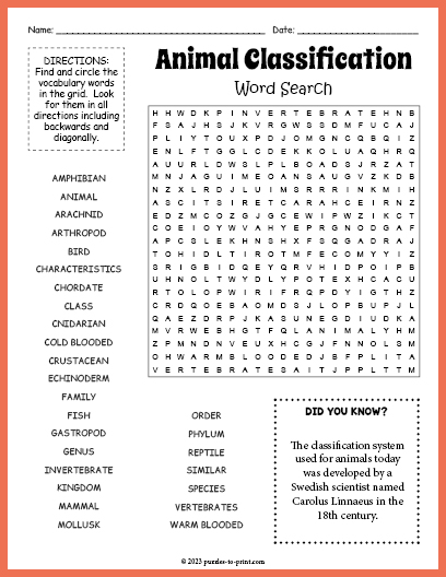 Animal Classification Word Search