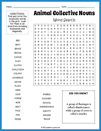 Animal Collective Nouns Word Search