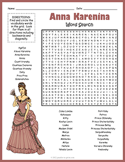 Free printable Anna Karenina Characters Word Search puzzle worksheet