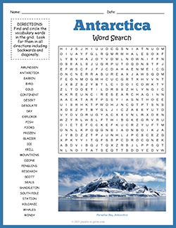 Free printable Antarctica Word Search puzzle worksheet