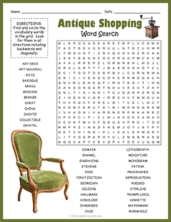 Free printable Antique Shopping Word Search puzzle worksheet