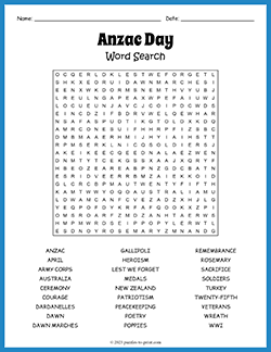 Free printable Anzac Day Word Search puzzle worksheet