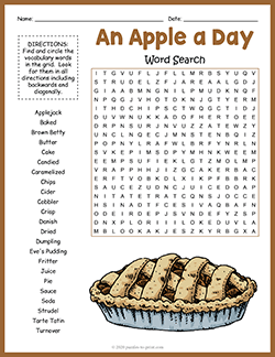 Free printable Apple Recipe Word Search puzzle worksheet