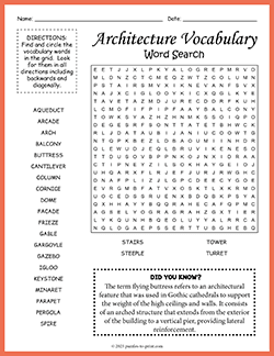 Free printable Architecture Vocabulary Word Search puzzle worksheet