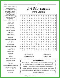 Free printable Art Movements Word Search puzzle worksheet